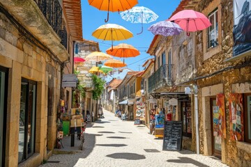 Colorful umbrellas hang over a charming cobblestone street lined with shops and historic buildings.