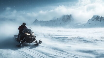 Adventurer riding snowmobile on icy mountain terrain