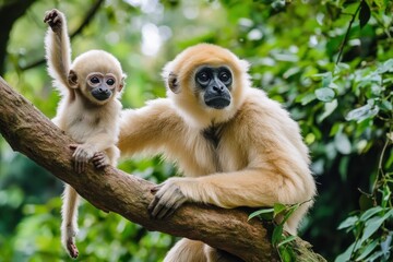 Obraz premium A mother gibbon and her baby perched on a tree branch in a lush green environment.