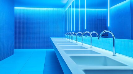 Fototapeta premium Minimalist Blue Bathroom with Modern Linear Sink Installation