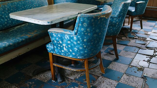 Blue chairs with outdated restaurant furniture
