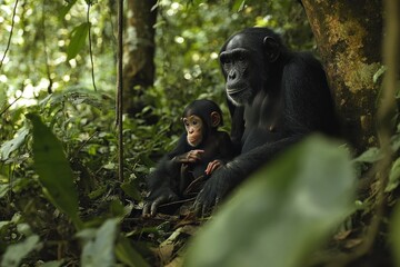 A mother chimpanzee sits with her young offspring in a lush, green forest.