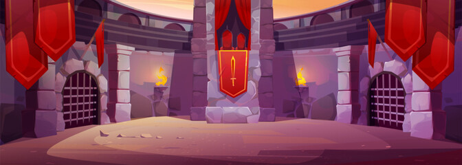 Ancient roman gladiator arena with red imperial flags, fire in torch on wall, lattice gates and royal chairs on tribune. Cartoon vector ancient Greek amphitheater round scene for warrior fighting. © klyaksun