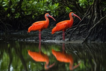 Two vibrant orange ibises stand in shallow water near mangroves, reflecting in the water.