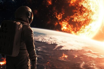 Astronaut Observing Fiery Planet and Space