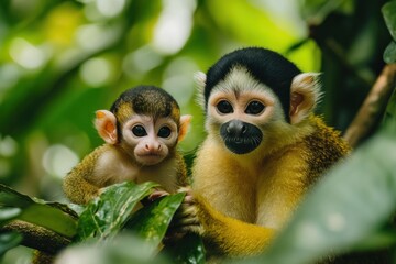 Obraz premium A close-up of a mother monkey and her baby, surrounded by lush green foliage.