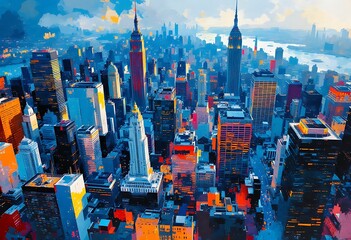 Fototapeta premium new york colorful painting panorama view over manhattan skyscraper modern abstract 