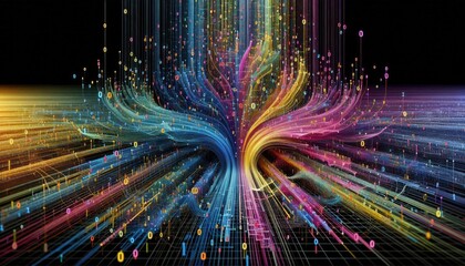 Data Flow Visualization: Converging Streams of Binary Code Representing Machine Learning, Neural Networks, and Data Processing, Transforming Raw Data into Analyzable Patterns