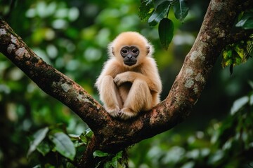 Fototapeta premium A gibbon sits gracefully on a tree branch amidst lush greenery.