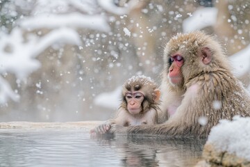 Naklejka premium Two monkeys sit together in a snowy landscape, enjoying a warm spring.