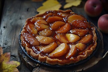 A Close-Up View of a Delicious Apple Tart with a Shiny Caramel Glaze