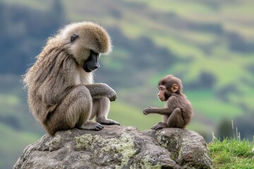 Naklejka premium A baboon and a young baboon sit on a rock, showcasing a moment of connection in nature.