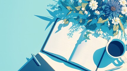 A floral arrangement on a white desk, set next to open notebooks and a coffee cup, the vibrant colors bringing the anime-style illustration to life with soothing tones.