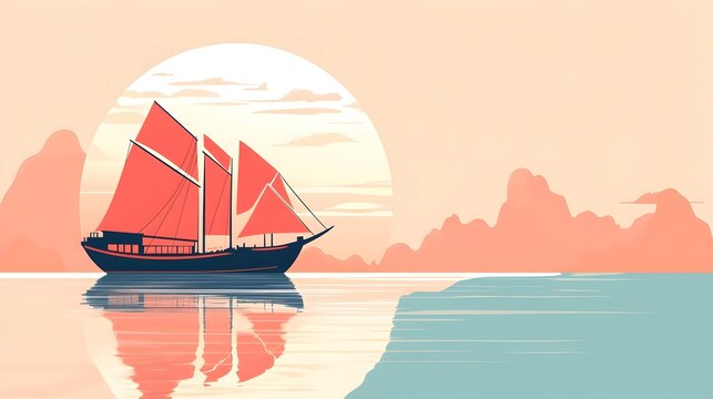 Majestic Chinese Junk Ship Sailing in Tranquil Sunset Seascape