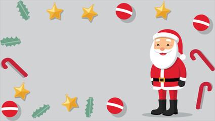 A cheerful Santa Claus standing on the right side, surrounded by Christmas-themed ornaments like candy canes, golden stars, red baubles, and holly leaves