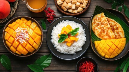 Traditional Thai Mango Dessert Spread on Wooden Table