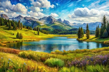 Impressionistic painting of meadow lakes and mountains in a Northern landscape
