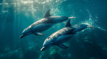 Naklejka premium Dolphin in the underwater world. Underwater dolphin. Dolphin underwater. Dolphin undersea, Dolphins Leaping