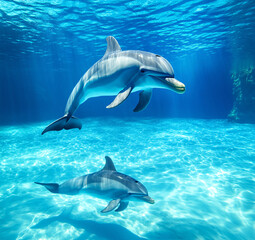Dolphin in the underwater world. Underwater dolphin. Dolphin underwater. Dolphin undersea, Dolphins Leaping" In the sparkling blue ocean, dolphins leap joyfully into the air
