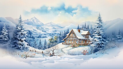 Watercolor Christmas landscape, fairy-tale house. Wonderland, winter holidays. Christmas card