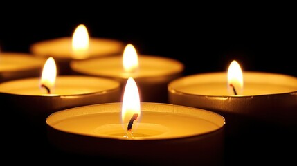 A group of six burning tea light candles in a row, shot against a black background. The candle in the centre is closest to the viewer.