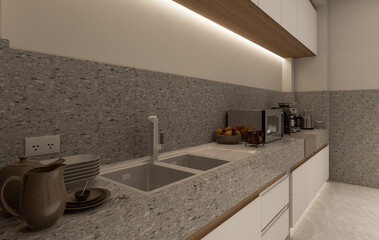White and wooden home kitchen interior cabinet and kitchenware, light concrete floor. Cooking space design with sink and electric stove, modern apartment. 3D rendering
