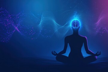 A serene meditation scene with brain waves visualized above the meditator’s head, symbolizing the connection between mindfulness practices and positive brain activity.