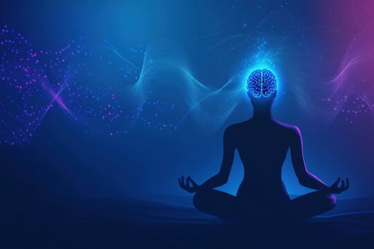 A serene meditation scene with brain waves visualized above the meditator’s head, symbolizing the connection between mindfulness practices and positive brain activity.