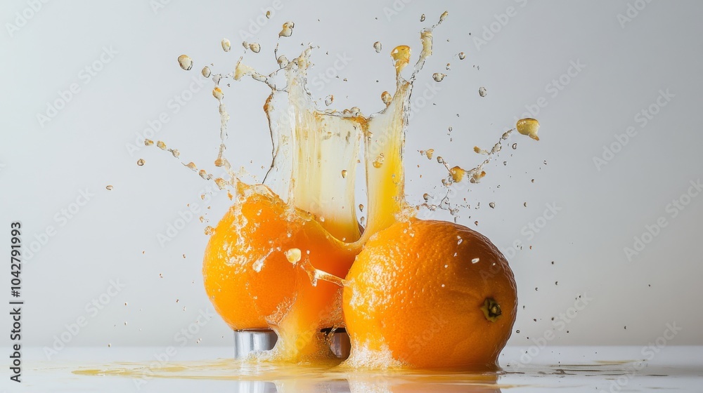 Poster fresh oranges with juice splash on white background