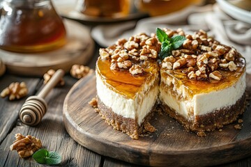 Honey and Walnut Cheesecake with a Slice Removed