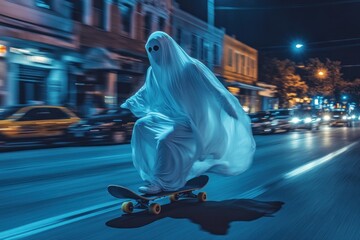 Gleaming ghost rides a skateboard through city.