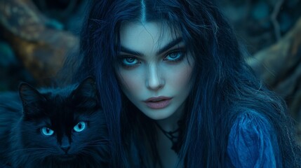 Naklejka premium Gothic Witch with a mysterious black cat. Goth. Gothic. Feline. Halloween scene. 