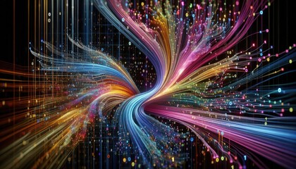 Data Flow Visualization: Converging Streams of Binary Code Representing Machine Learning, Neural Networks, and Data Processing, Transforming Raw Data into Analyzable Patterns