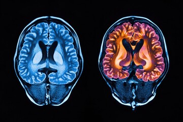 Naklejka premium A side-by-side comparison of a healthy brain scan and one affected by disease, illustrating the impact of neurological conditions on brain structure and function.