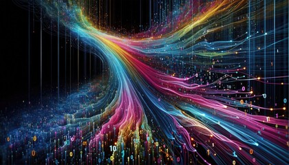Data Flow Visualization: Converging Streams of Binary Code Representing Machine Learning, Neural Networks, and Data Processing, Transforming Raw Data into Analyzable Patterns
