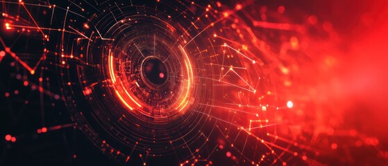 Obraz premium Abstract digital design featuring circular patterns and glowing lines in red tones.