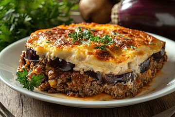 Close-up of a slice of moussaka with eggplant, ground meat, and a creamy bechamel topping