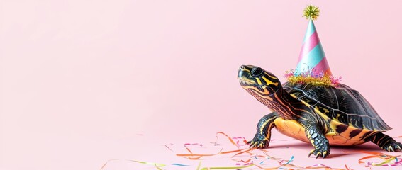 A turtle wearing a party hat, surrounded by colorful confetti on a pink background.