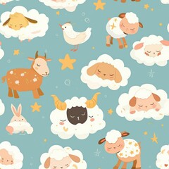 Obraz premium Fluffy Farmyard Animals Dreaming Among Stars