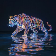 Fototapeta premium Neon Tiger Strands on Black with Watery Reflection