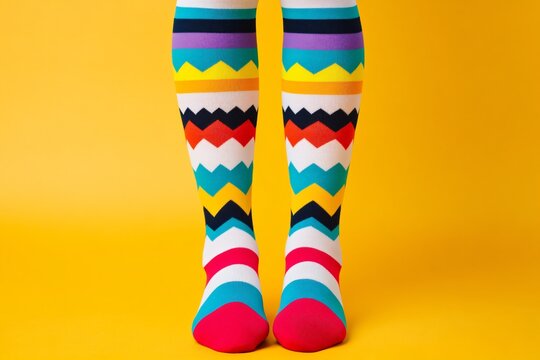 Quirky knee-high socks with bright patterns, close-up of legs, fun National Sock Day.