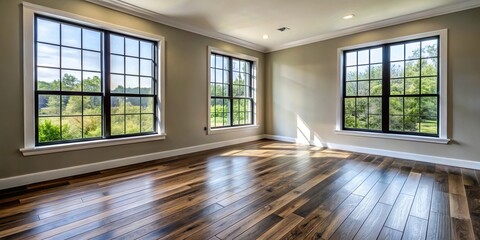 Empty bedroom with hardwood flooring and black windows Long Shot