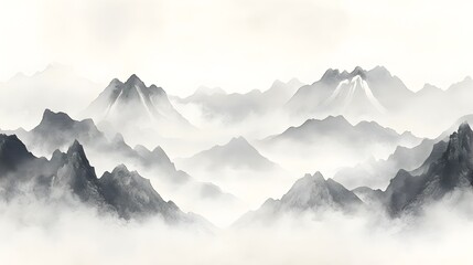 Misty Mountainscape in Traditional Chinese Ink Painting Aesthetic