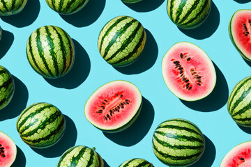 Top view of sliced watermelon with vibrant red flesh surrounded by whole green watermelons on market stall