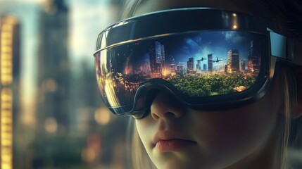 Futuristic cityscape reflected in VR goggles