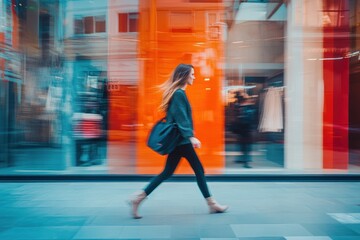 Obraz premium Stylish woman in motion past colorful storefront.