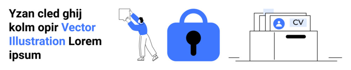 Person holding document box, large lock symbol, and CV folder in a drawer. Ideal for data security, file organization, document management, privacy, and online storage solutions. Banner for landing
