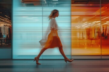 Woman walking past colorful store display at night