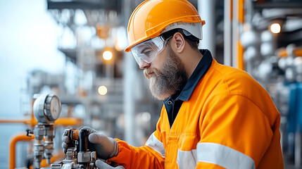 Worker monitoring gauges on offshore oil rig ensuring safety and efficiency in energy production and resource management