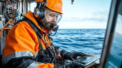 Skilled operator navigating remote-operated vehicle in marine environment for underwater exploration